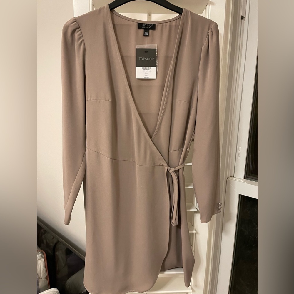 Tan, long sleeve, wraparound dress from top shop
